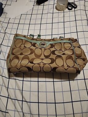 Coach Signature Brown Canvas Shoulder Bag with Mint Trim